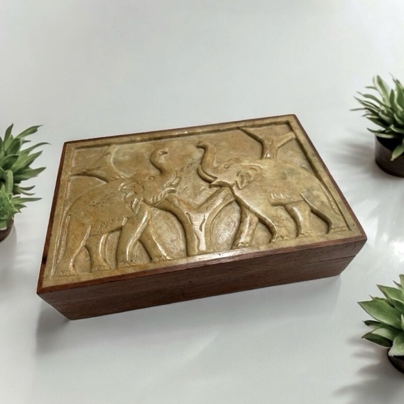 Other - Vintage Elephant Jewelry Box Hand Carved Stone & Wood Trinket Box, boho decor